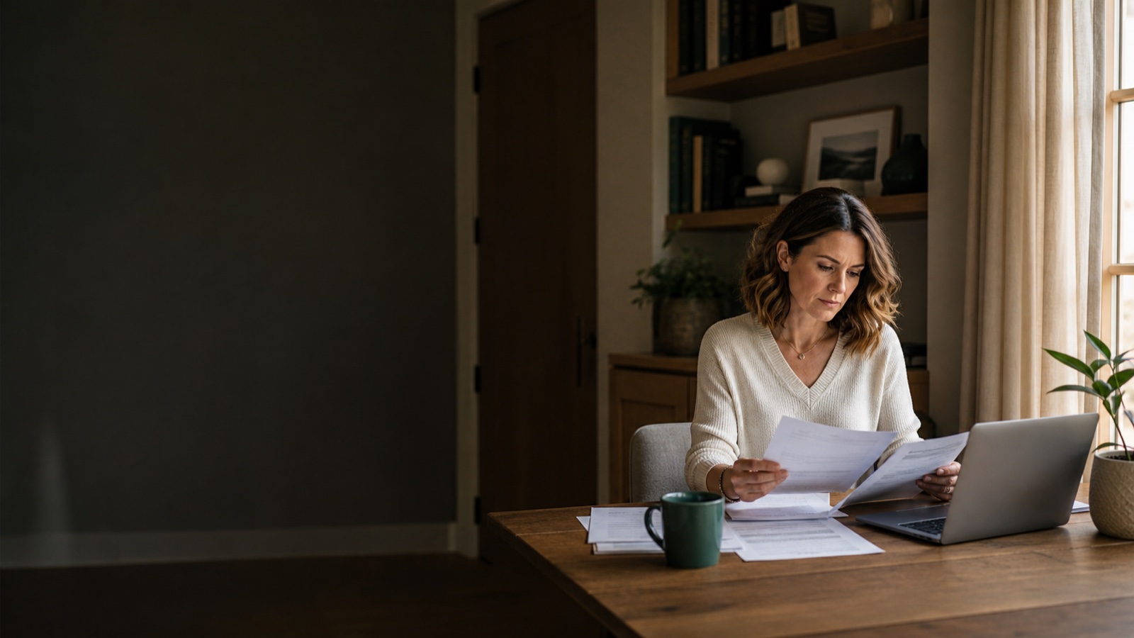A woman reviews tax forms beside a laptop in a warm home office.